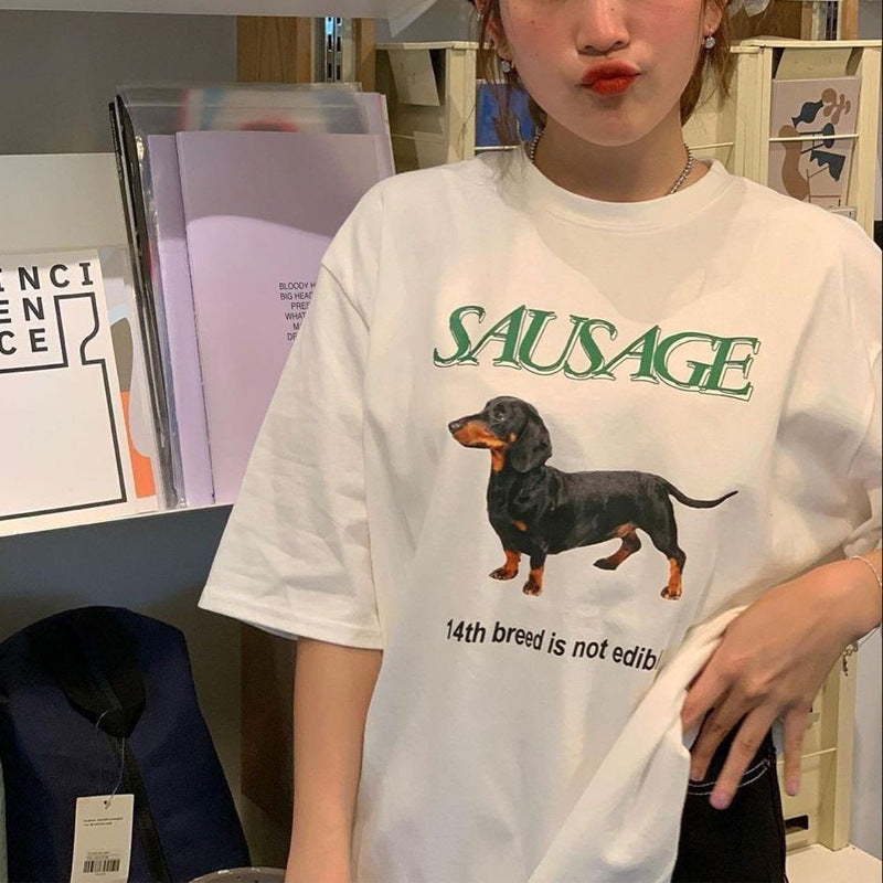 Sausage Dog Printed T-shirt Women's Fashion Short-sleeved Top
